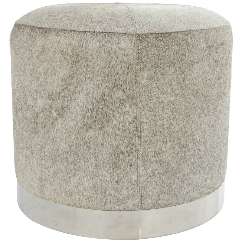 Gray Leather Patchwork Stool with Silver Metal Base