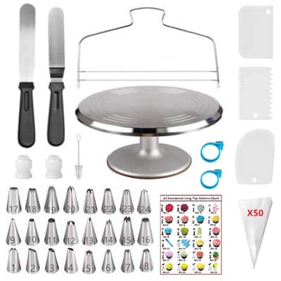 87 Pcs Cake Decorating Kit with Aluminium Alloy Rotating Cake Turntable,Cake Leveler,24 Numbered Icing Tips,2 Coupler,2 Spatulas