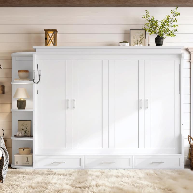 Murphy Platform Bed with Side Cabinets & Drawers, Wall Bed with Shelf for Home Office, Queen or Full