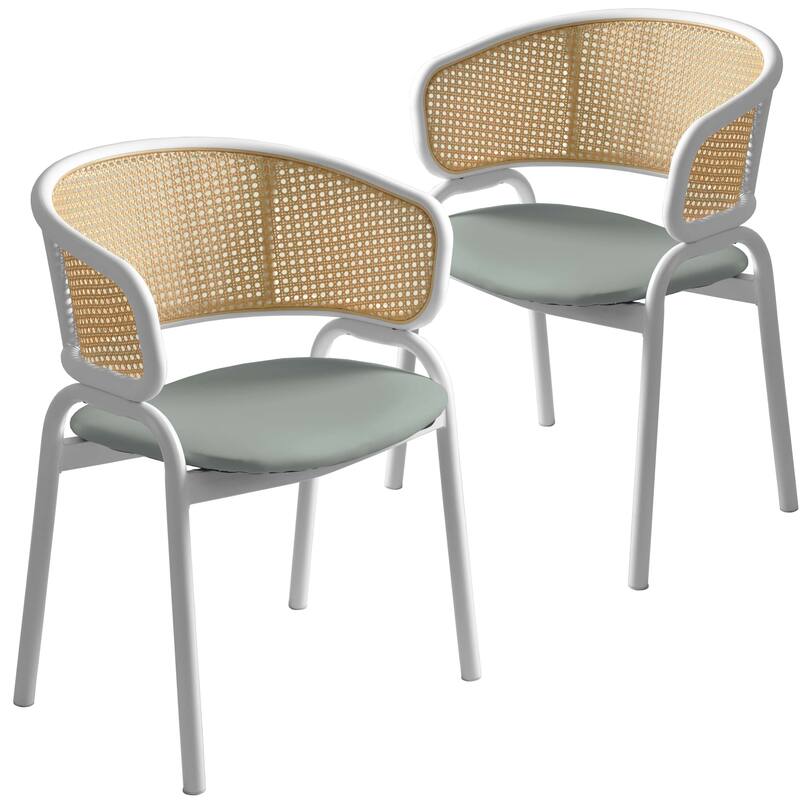 LeisureMod Set of 2 Minimalist Leather Dining Chairs with Wicker Back in Steel Frame - Side Chair for Home Office & Kitchen - Grey