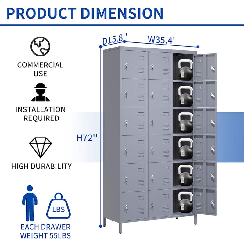 72"H Metal Lockers With 18 Door,Storage Cabinet With Lock for Employees,School,Gym