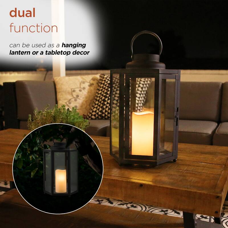 Alpine Corporation 14" Tall Outdoor Hexagonal Battery-Operated Metal Lantern with LED Lights, Black