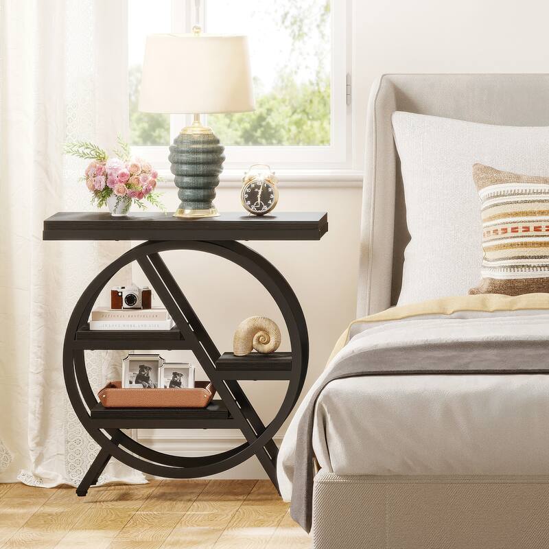 Narrow End Table, Side Table with Storage and Geometric Metal Frame