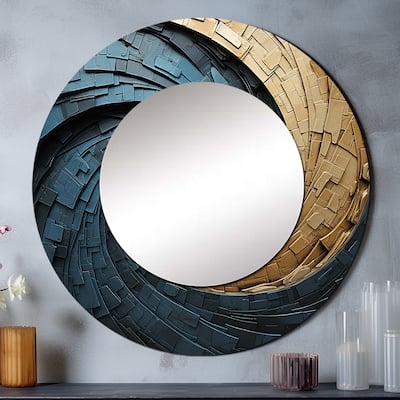 Designart "Gold Teal Minimalism Spiral Poteries" abstract spirals Wall Mounted Round Mirror - Gold Modern Wall Décor