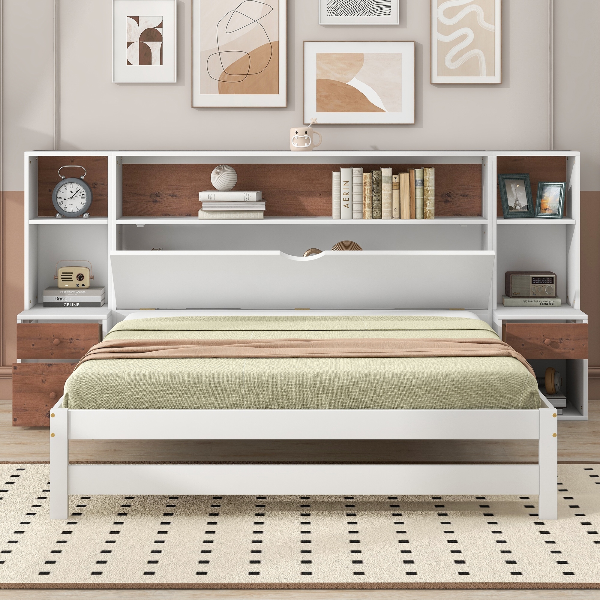 Brown White Storage Bookcase Bed Frame with 2 Side Nightstands
