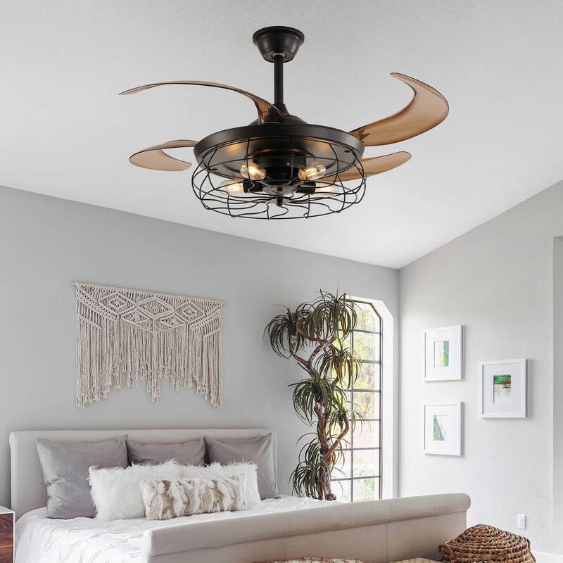 48" Black Ceiling Fan with Light - Remote - 4 Blades - Industrial(Bulb Not Included）