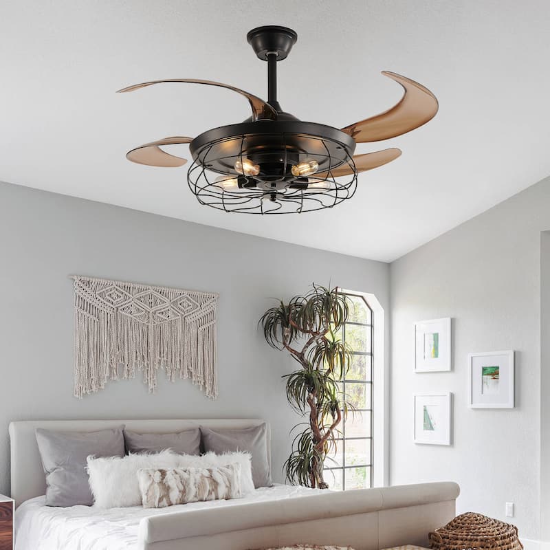 48 Inch Retractable Caged Ceiling Fan with Remote, Industrial 6-Speed/Reversible/DC Motor Ceiling Fan (Bulb Not Included)