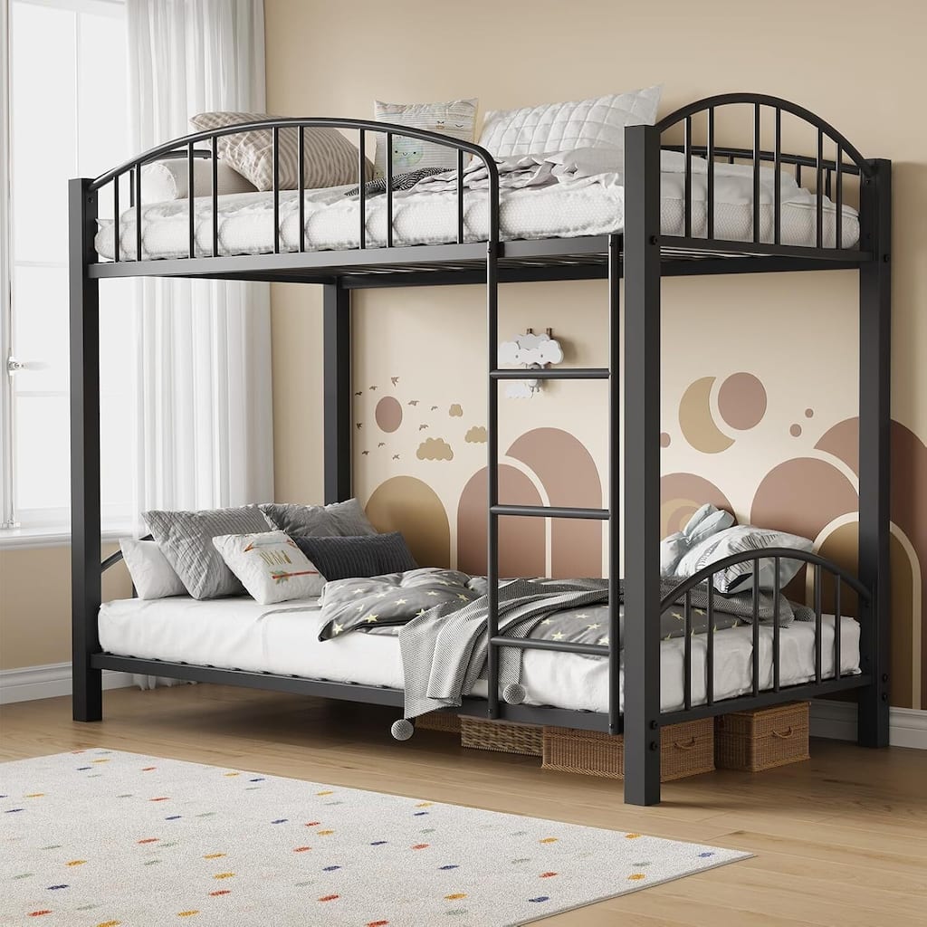 Bunk Bed Twin Over Twin with Stairs and Arched Guardrail for Bedroom and Small Space