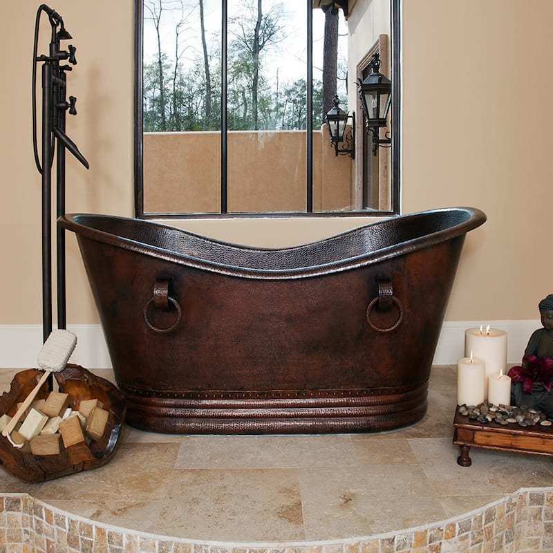 67-in Hammered Copper Double Slipper Bathtub With Rings in Oil Rubbed Bronze (BTDR67DB)