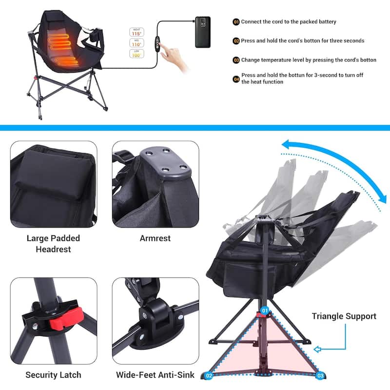Hammock Camping Chair, Heated Chair, Camping Hammock, Swing Chair, Adjustable Back Portable with Cup Holder, Pillow