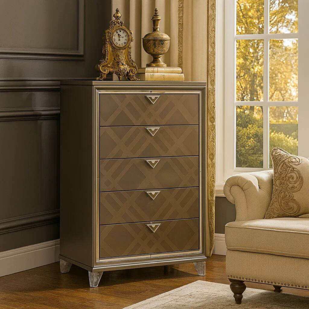 5 Drawer Wooden Chest with Acrylic Legs and Mirror Trim, Taupe Brown
