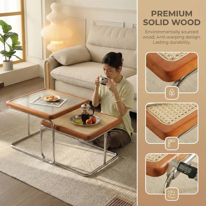 Modern Mobile Coffee Table with Solid Wood Frame for Indoor/Outdoor Use.