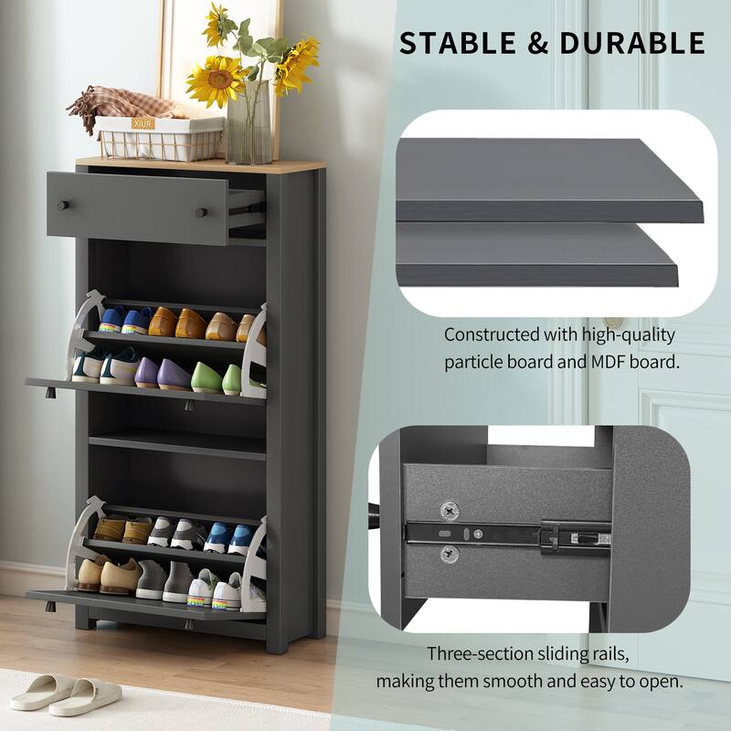Entryway Organizer with 2 Drawers,Wood Grain Pattern Top Shoe Cabinet with Drawer, Free Standing Shoe Rack with Adjustable Panel