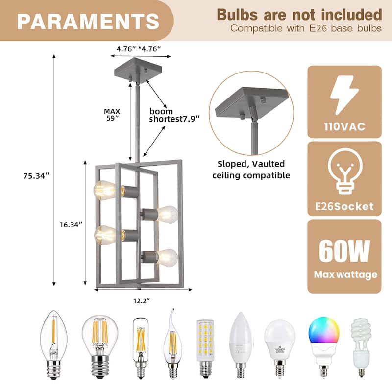 Industrial Lantern Chandelier, 4-Light Modern Geometric Semi Flush Mount Ceiling Light Fixture