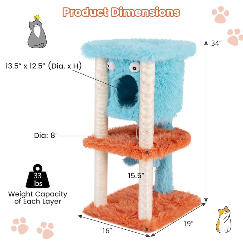 Cute Monster-Themed Cat Tower with 4 Fully Wrapped Scratching Posts and Plush Surface - 16" x 19" x 34"