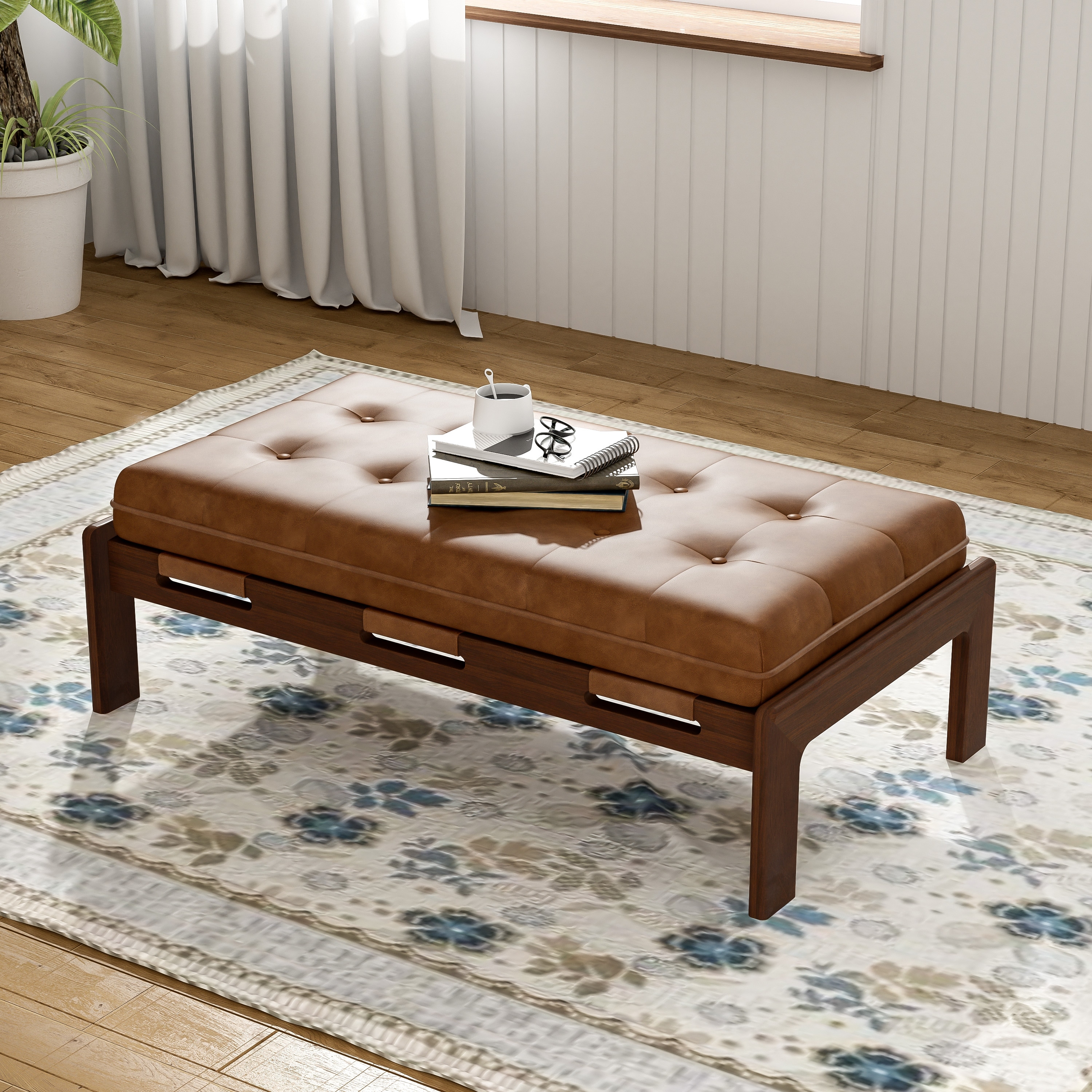Christopher Knight Home Zephros PU Leather Button Tufted Cocktail Ottoman with Wood Base