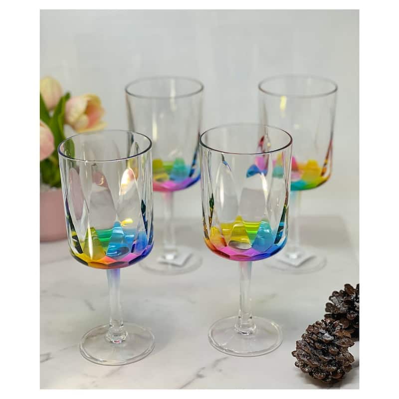 Rainbow Diamond Plastic Wine Glasses Set of 4 (16oz), BPA Free Acrylic Wine Glass Set