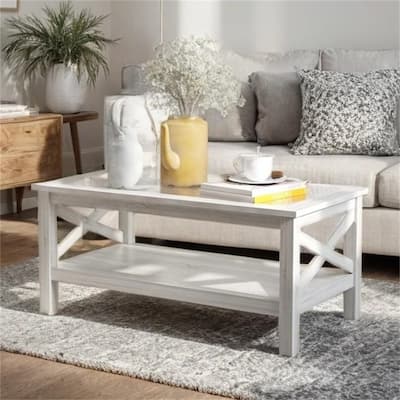 Coffee Table with Wood Frame, Tempered Glass Tabletop, Storage Shelf