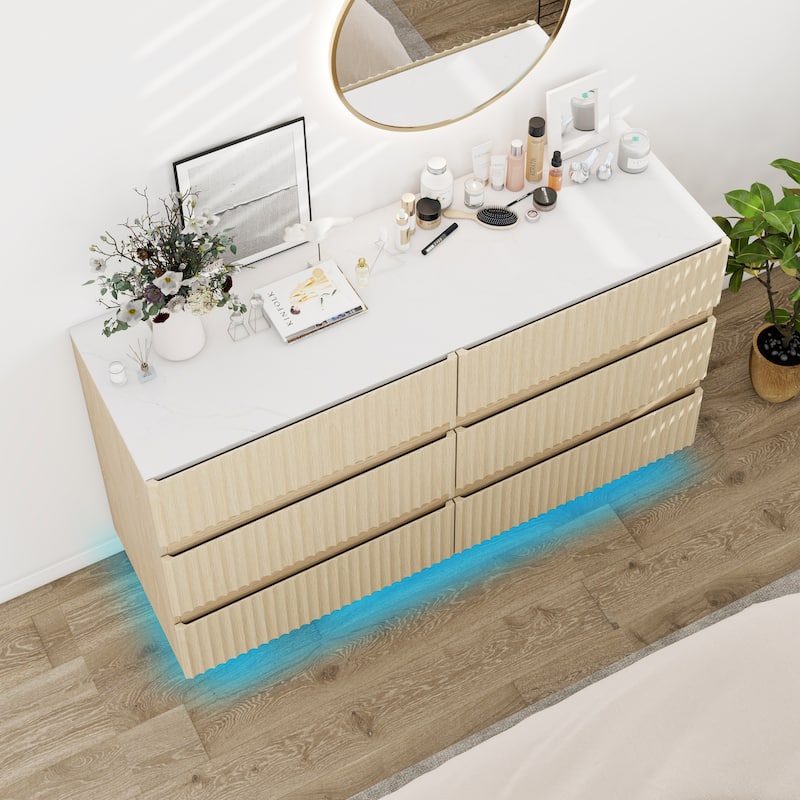Fluted 6 Drawer Dresser with LED Lights, Wooden Drawer Organizer Cabinet, Large Capacity Bedroom Storage Cabinet