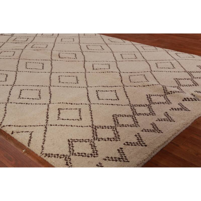 Hand Knotted Oriental 100% Wool Carpet Modern Geometric Beige & Ivories Moroccan Area Rug - 8' 0'' X 5' 0''