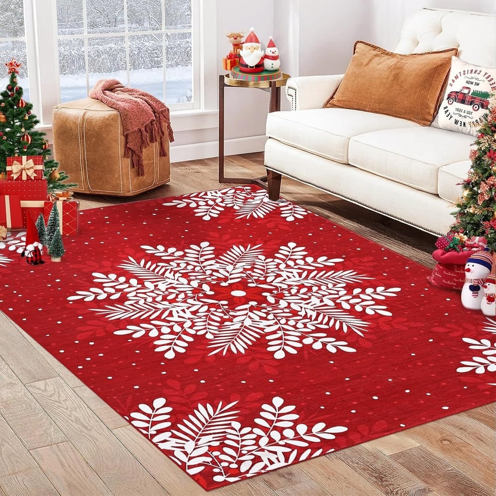 Christmas Snowflake Washable Area Rug, for Holiday Decor, Red