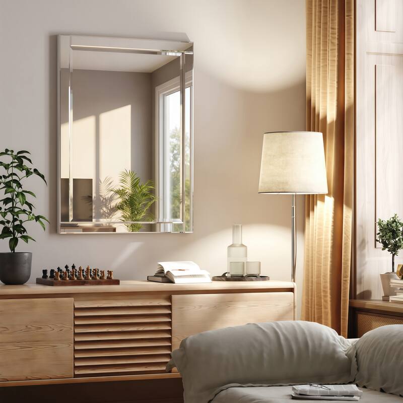 Beveled Rectangle 1"-Beveled Center Wall Mirror with Solid Wood Frame - Clear