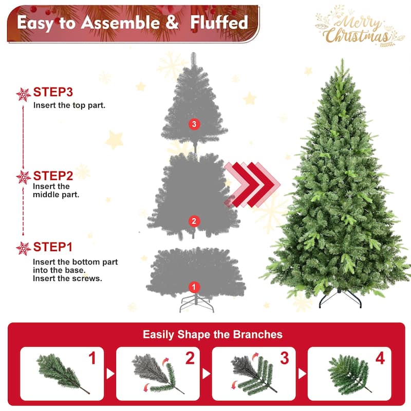 Classic Christmas Tree - PE/PVC Tips, Realistic Hinged Branches, Full Natural Look, Metal Stand - Green