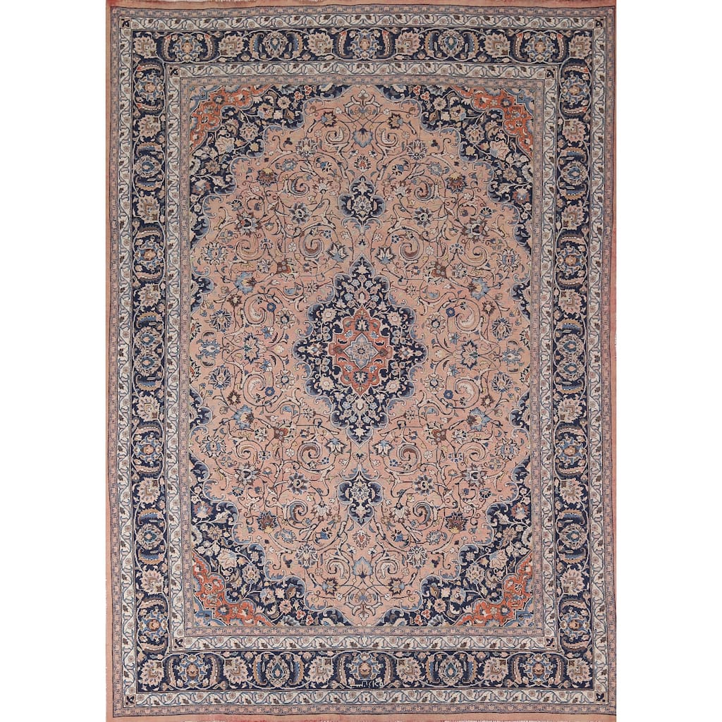 Traditional Mashad Persian Vintage Area Rug Hand-Knotted Wool Carpet - 8'4"x 11'2"