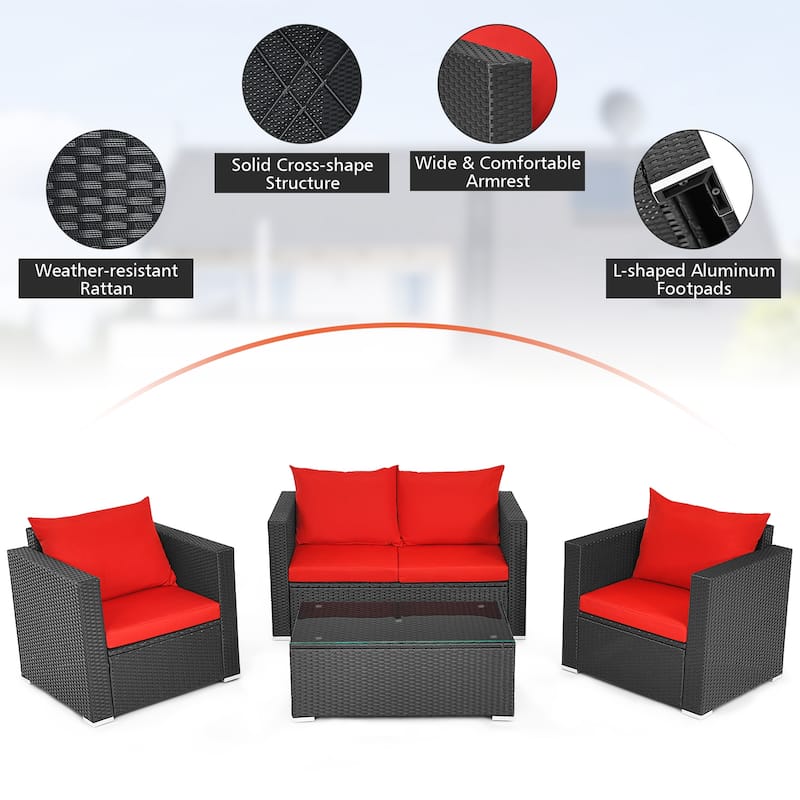 Gymax 4PCS Rattan Patio Conversation Set Outdoor Furniture Set w/