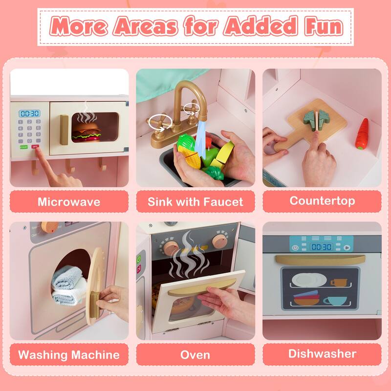 Gymax Corner Kitchen w/ Lights & Sounds Interactive Wooden Playset for