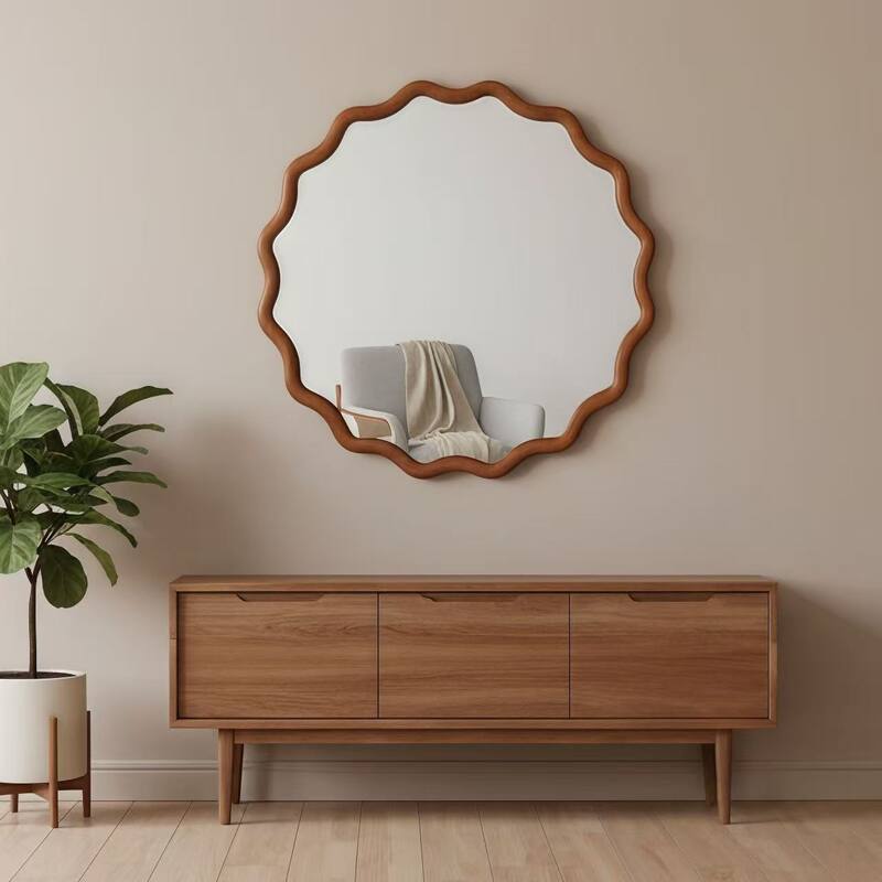 24 inch Wavy Round Solid Wood Frame Decorative Mirror,For Bedroom, Bathroom, Living Room, Entryway