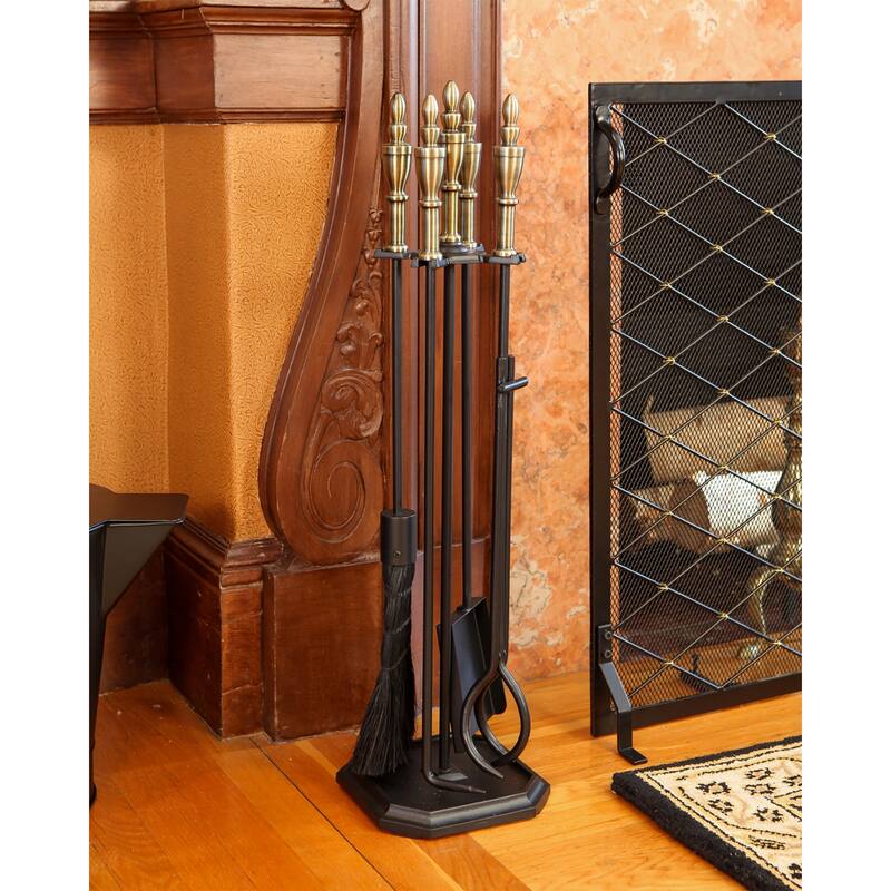 Achla Designs Westford Fireplace Set of 4 Tools, 30.5 Inch Tall, Antique Brass and Black