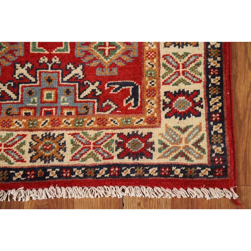 Red Geometric Kazak Accent Rug Handmade Traditional Wool Carpet - 2'0" x 3'0"