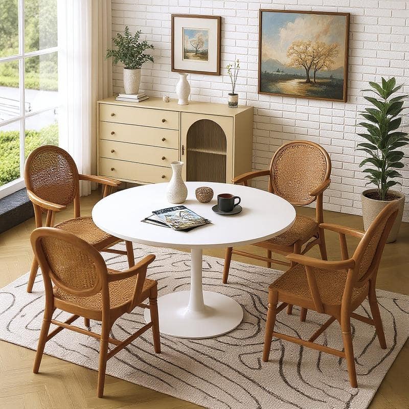 Grondin Mid-Century Modern Round Kitchen or Dining Table with Premium MDF Top and Steel Pedestal Base for Dining Room