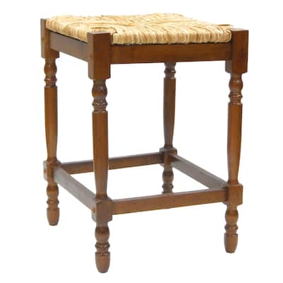 Solid Wood Rush Seat Backless Counter Height Stool with Footrest