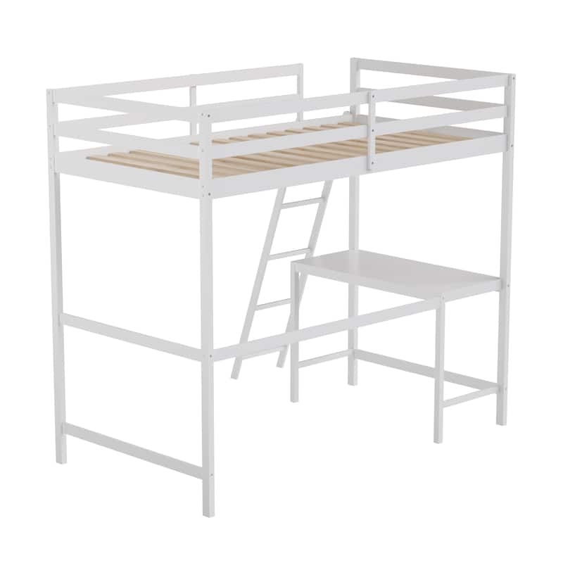 Traditional Wood Slat Loft Bed with Integrated Desk & Ladder