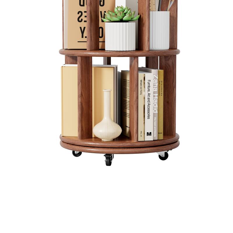 100%Solid Wood Rotating Bookshelf on Wheels,5 Tier, Round Revolving Bookcase, 360°Spinning Book Shelf Tower, Narrow Bookshelves
