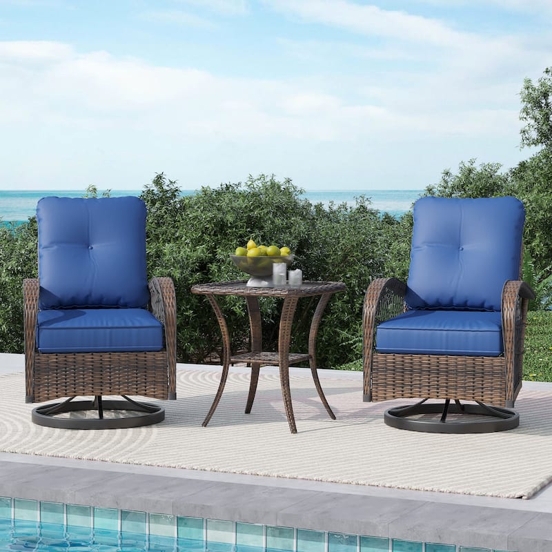 EROMMY Outdoor 3 Pieces Swivel Rocker Patio Chair Sets with Glass Table, All-Weather Wicker & Thickened Cushions for Backyard