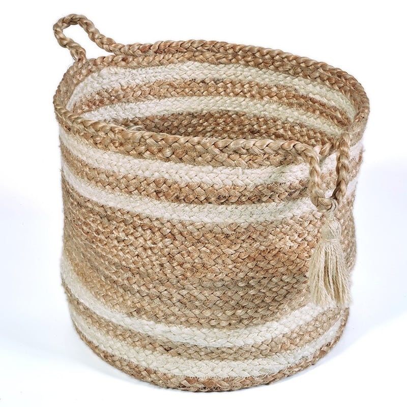 Sevita Tan/White Striped Jute Hand-Made Storage Basket