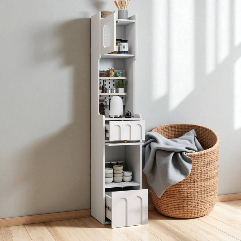 70" Tall White Storage Cabinet with Glass Door Hutch, Pegboard & Drawers for Kitchen, Entryway or Bedroom