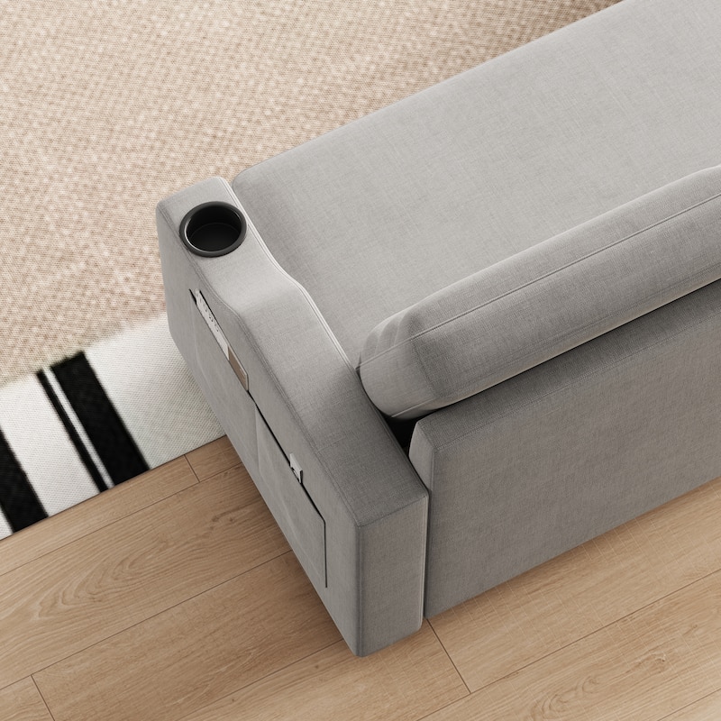 83.5" Fabric Convertible 3-Seater Sleeper Sofa with Pull-Out Bed, Recliner, Storage Pocket, and Cup Holder