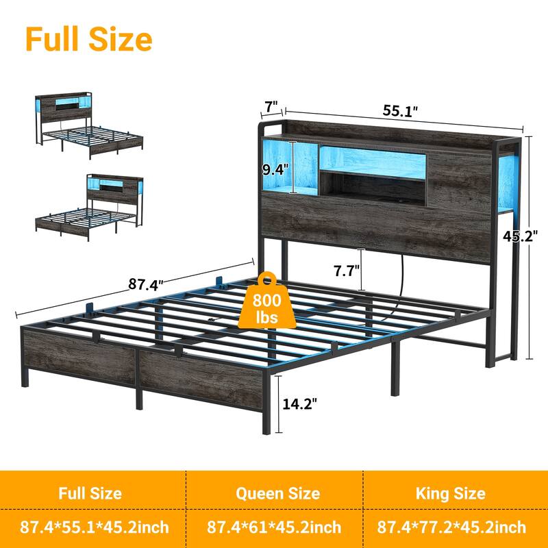 Platform Bed Frame with Reversible Storage Bookcase Headboard and Charging Station and RGB LED Lights