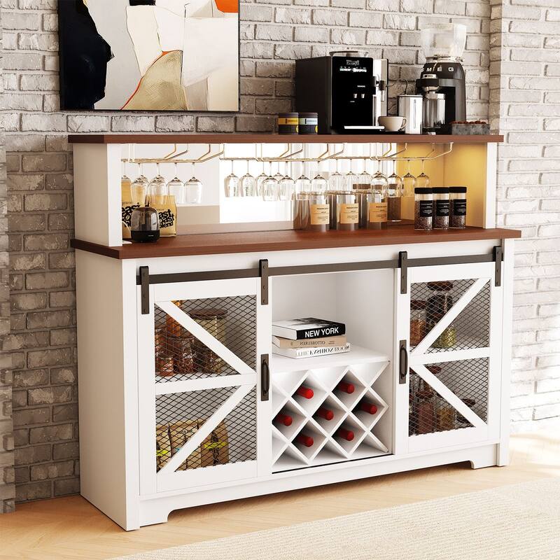 Gymojoy 16-Color LED Bar Cabinet with Wine Rack, White Kitchen Hutch for Coffee Bar & Dining Room, Farmhouse Storage Cabinet