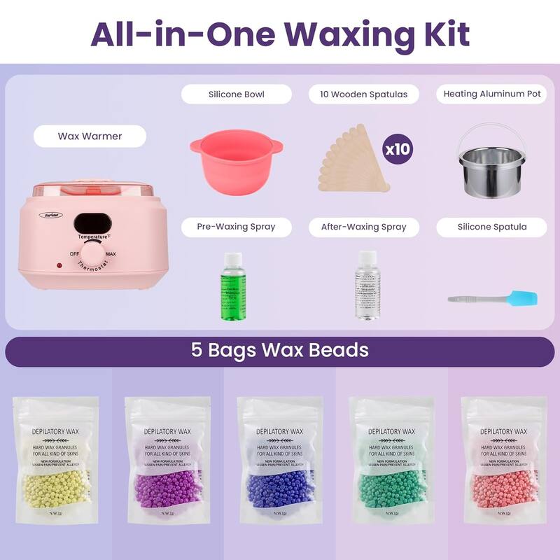 Brazilian Wax Warmer Kit with 5 Hard Wax Beads & Digital Display - For Full Body, Face, Bikini, Sensitive Skin