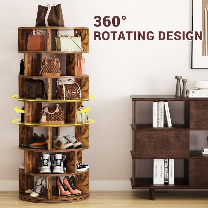 Cimly 7-tier Rotating Shoe Rack Tower, 32-pair Spinning Display Round Shoe Organizer for Closet - Brown-7T