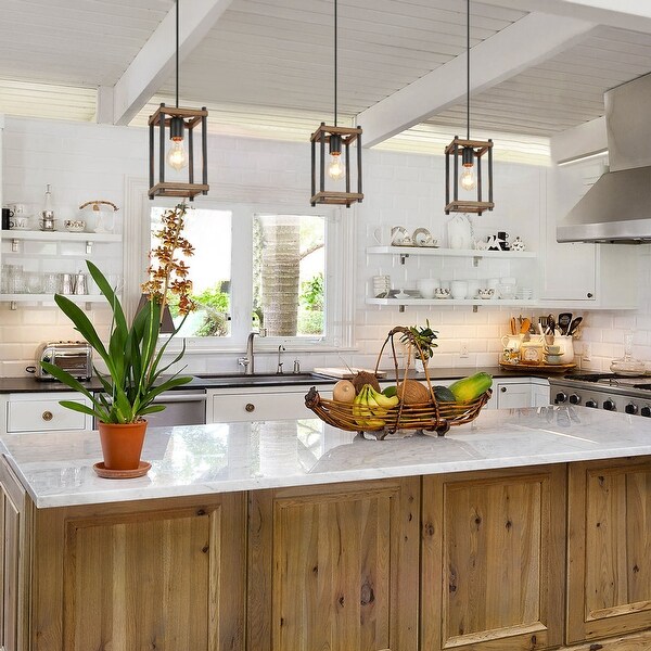 Antique Black Metal and Faux Wood Finish Pendant Foyer Lighting. Opens flyout.