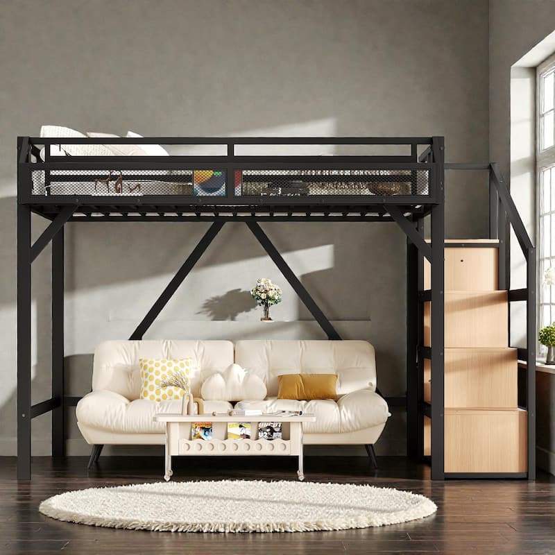 Metal Loft Bed with Storage Stairs, Built-in Wardrobe, Shelves, USB Ports, LED Lights & Noise-Reduced Frame