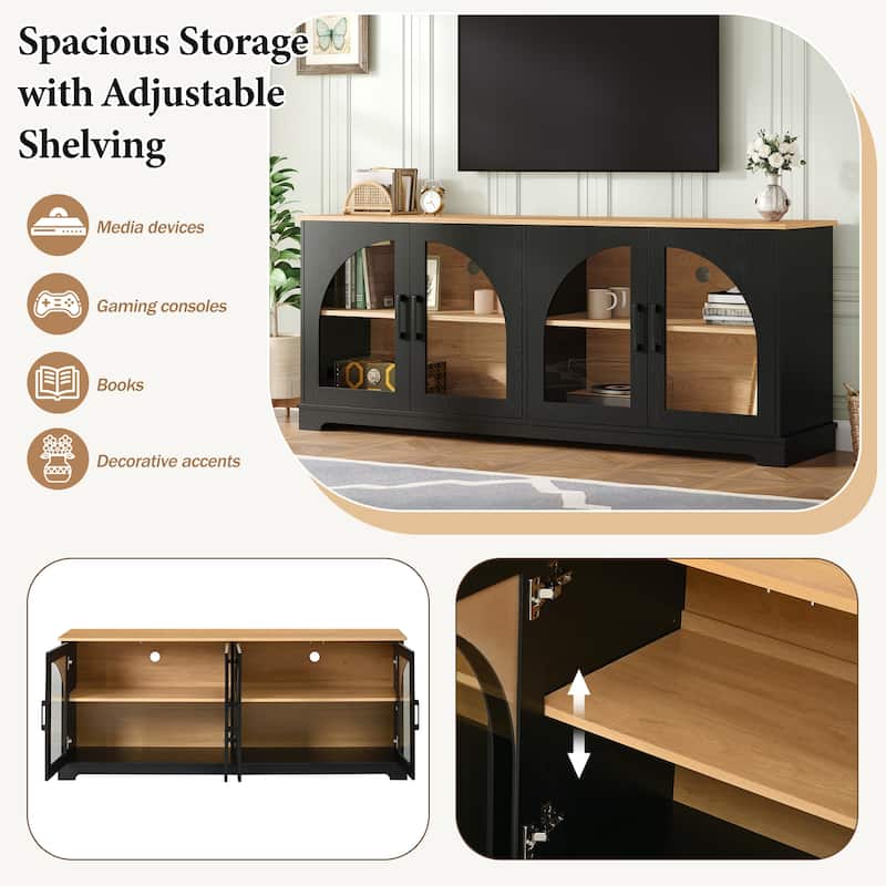 Farmhouse TV Stand with Semi-Arched Glass Doors for TVs Up to 70",Adjustable Shelves,Wood Grain Sideboard with Cable Management