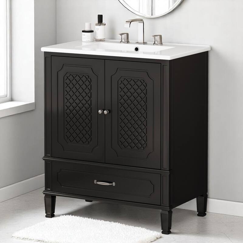 30 Inch Freestanding Bathroom Vanity with Ceramic Sink, Vintage Design, Drawer Storage, Soft Close Doors - Black