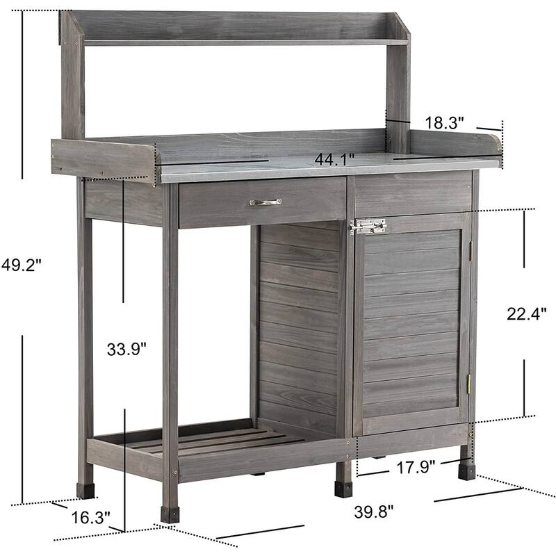 MCombo Potting Bench, Outdoor Garden Wood Potting Table Workstation with Cabinet, Metal Tabletop, Sliding Drawer, Open Shelf
